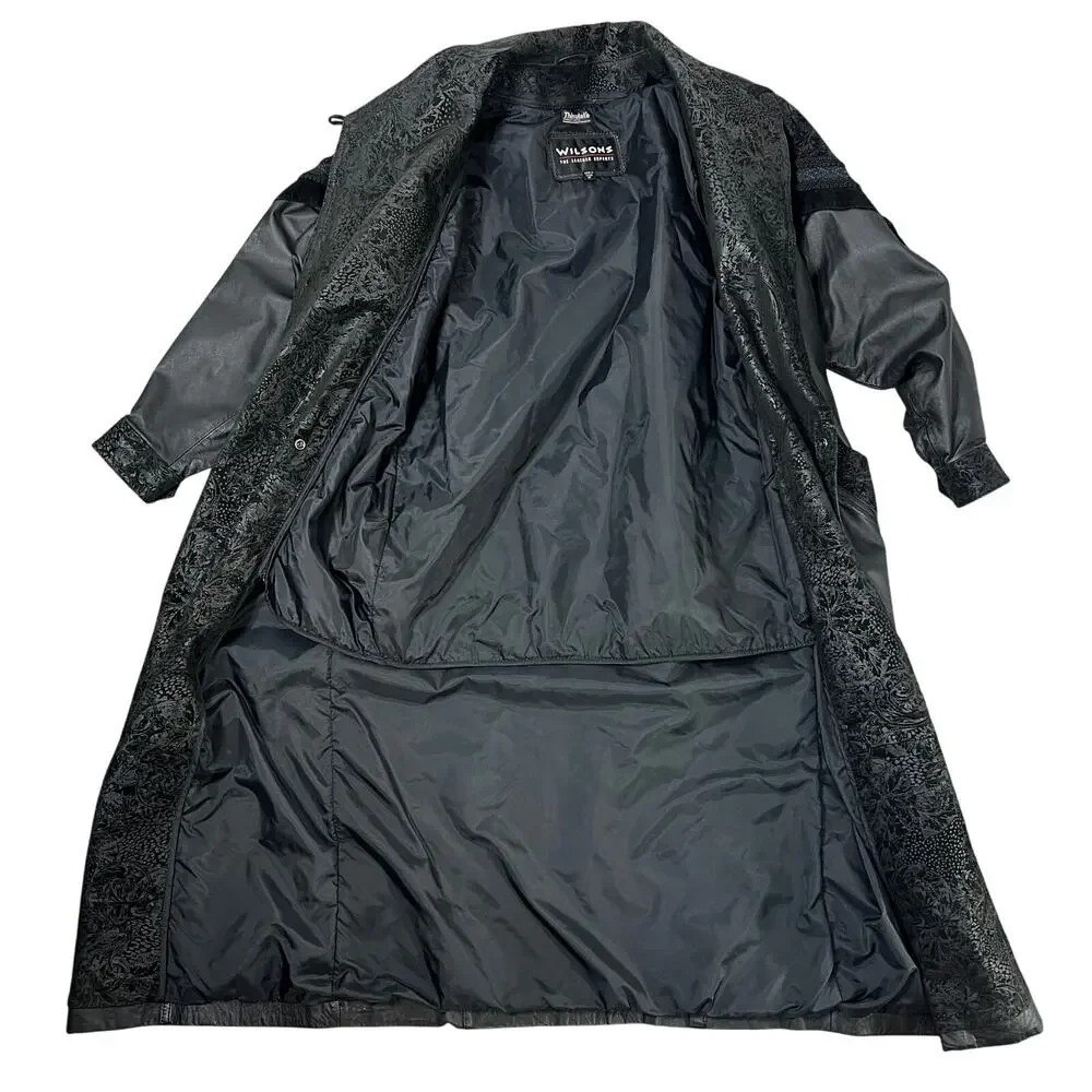 Wilsons Leather Long Trench Coat Jacket Mens Medium Black VTG Lace Suede Lined - Picture 6 of 16